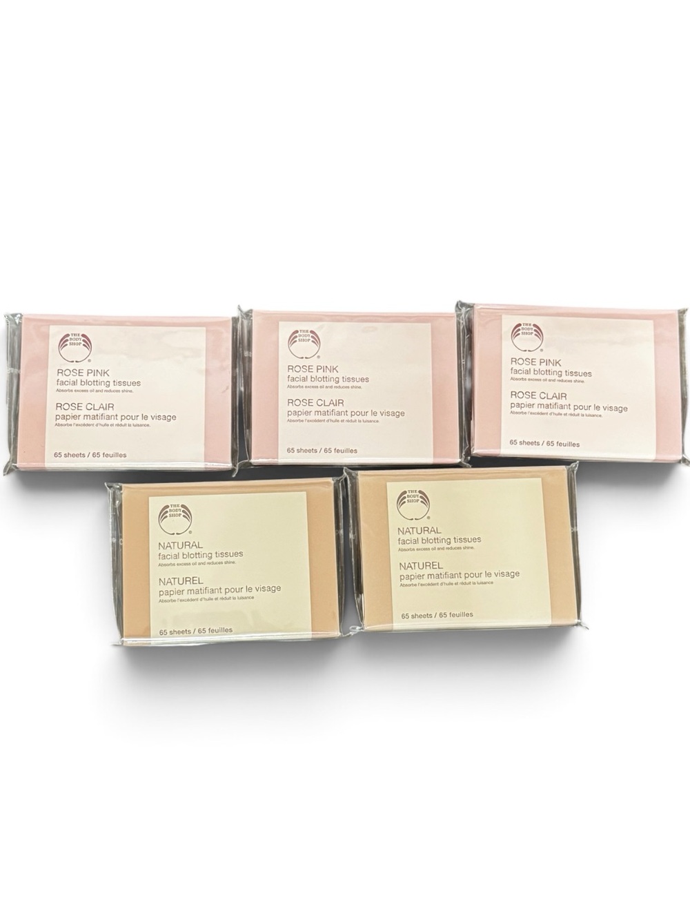 5 The Body Shop Natural & Rose Pink Facial Blotting Tissues, 65 Sheets Each NEW